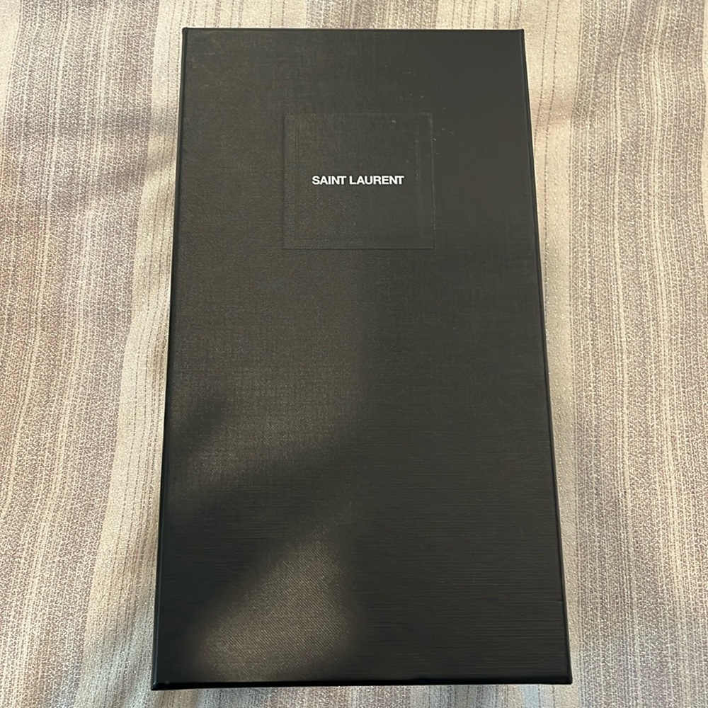 Saint Laurent textured shoe box with dust bags and cards.